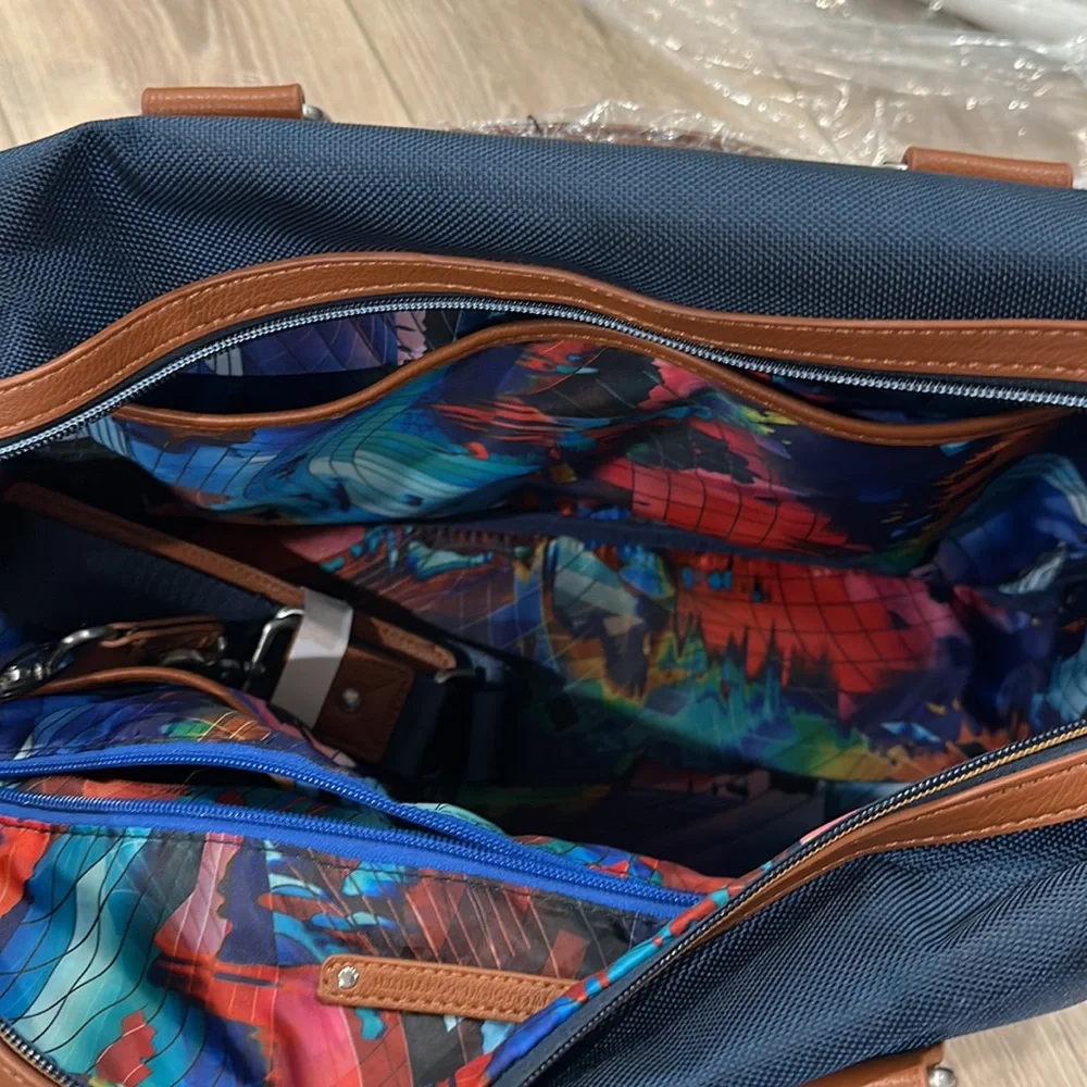 NWT Robert Graham navy blue duffel travel bag with brown leather trim